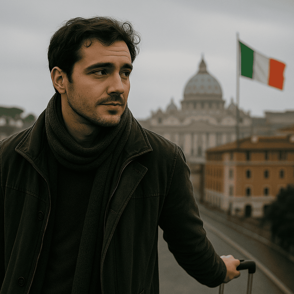 Innamorato di Roma con bandiera italiana sullo sfondo, uomo elegante in viaggio, sogni di diventare assistente di volo.