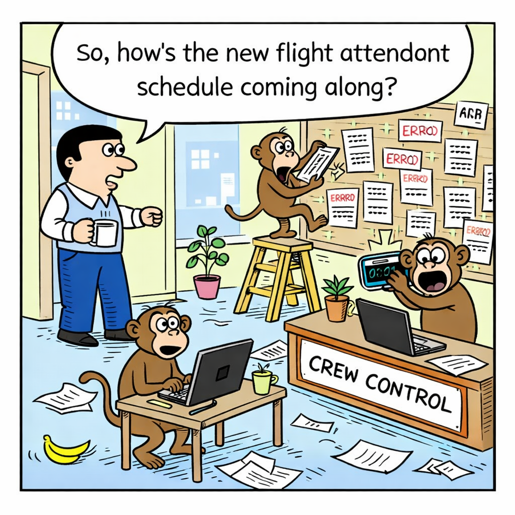 Illustrazione umoristica che raffigura un ufficio di crew control gestito in modo caotico, con animali che organizzano i turni di volo. L’immagine rappresenta in chiave ironica l’imprevedibilità e la complessità della pianificazione per assistenti di volo in stand-by.