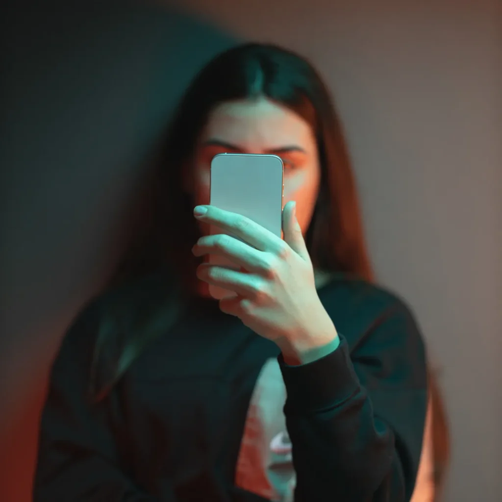 Donna sveglia all’alba che guarda il proprio smartphone in una stanza buia, illuminata solo dalla luce del telefono. La scena rappresenta l’attesa di una chiamata di lavoro importante, ansia e concentrazione prima di iniziare la giornata.