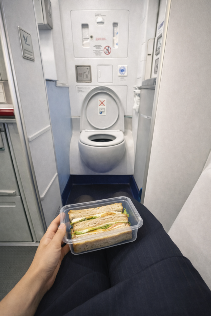Assistente di volo seduta vicino al bagno dell’aereo che mangia un sandwich durante la pausa