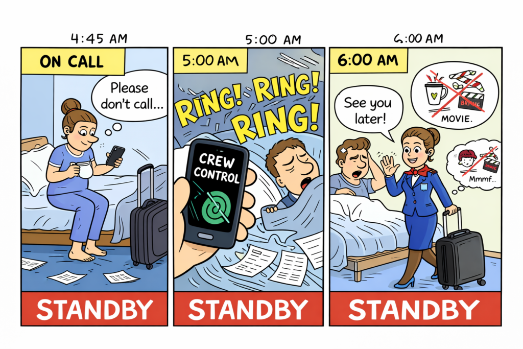 Illustrazione di assistente di volo in stand-by che riceve una chiamata dal crew control e parte per il lavoro